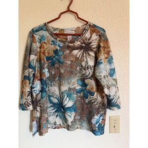 Alfred Dunner Woman 1X Blue Floral Paisley Metallic Crinkle 3/4 Sleeve Top